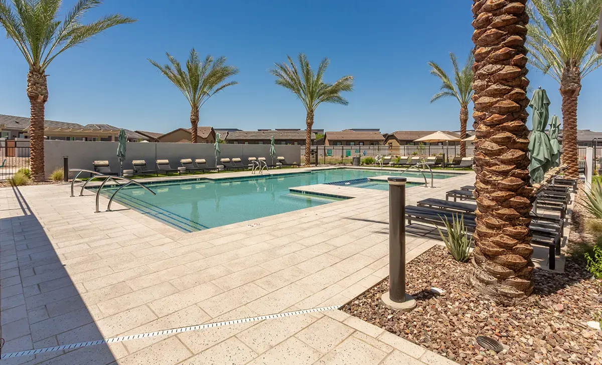 Pool deck with palm trees at Village Sonoran Vista.