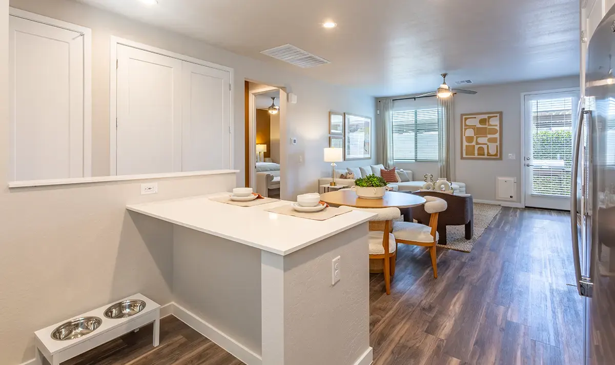Kitchen island and pet feeding bowls at Village Sonoran Vista.