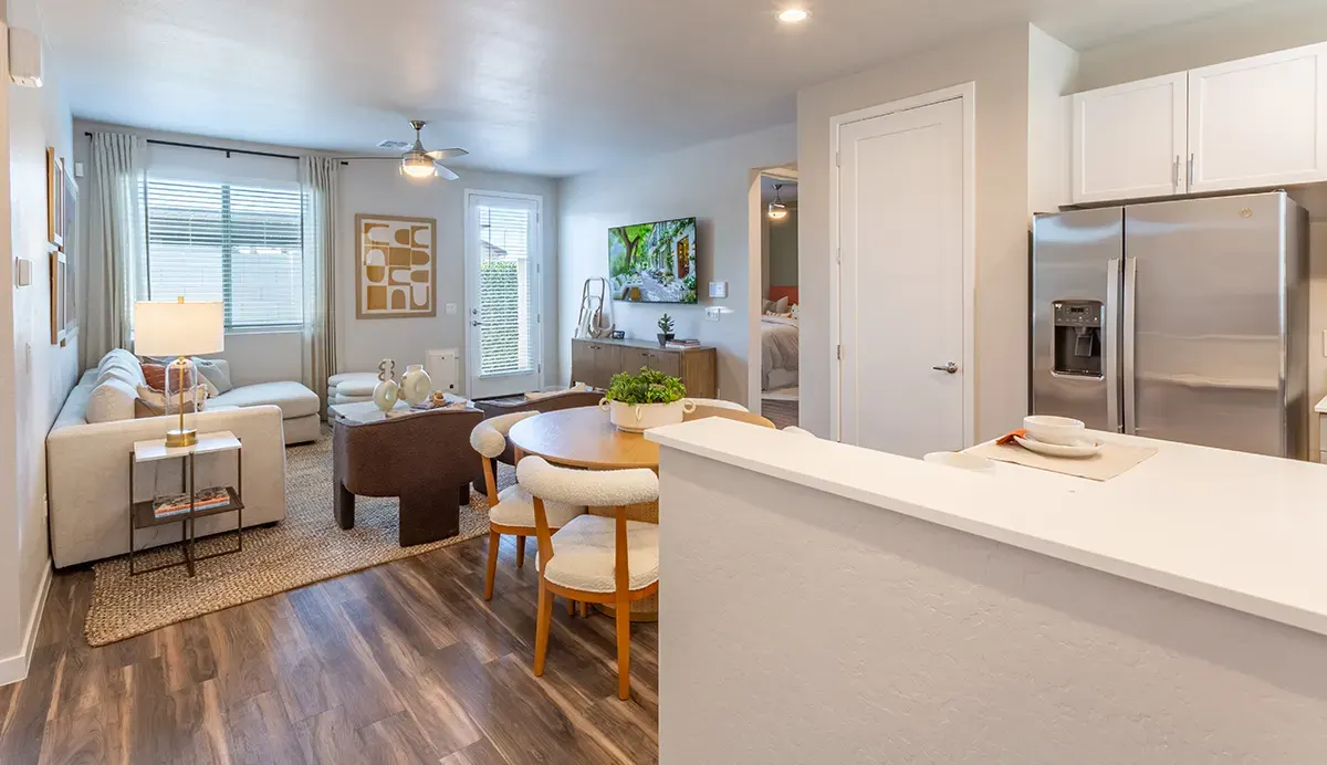 Kitchen counter overlooking the living room at Village Sonoran Vista.